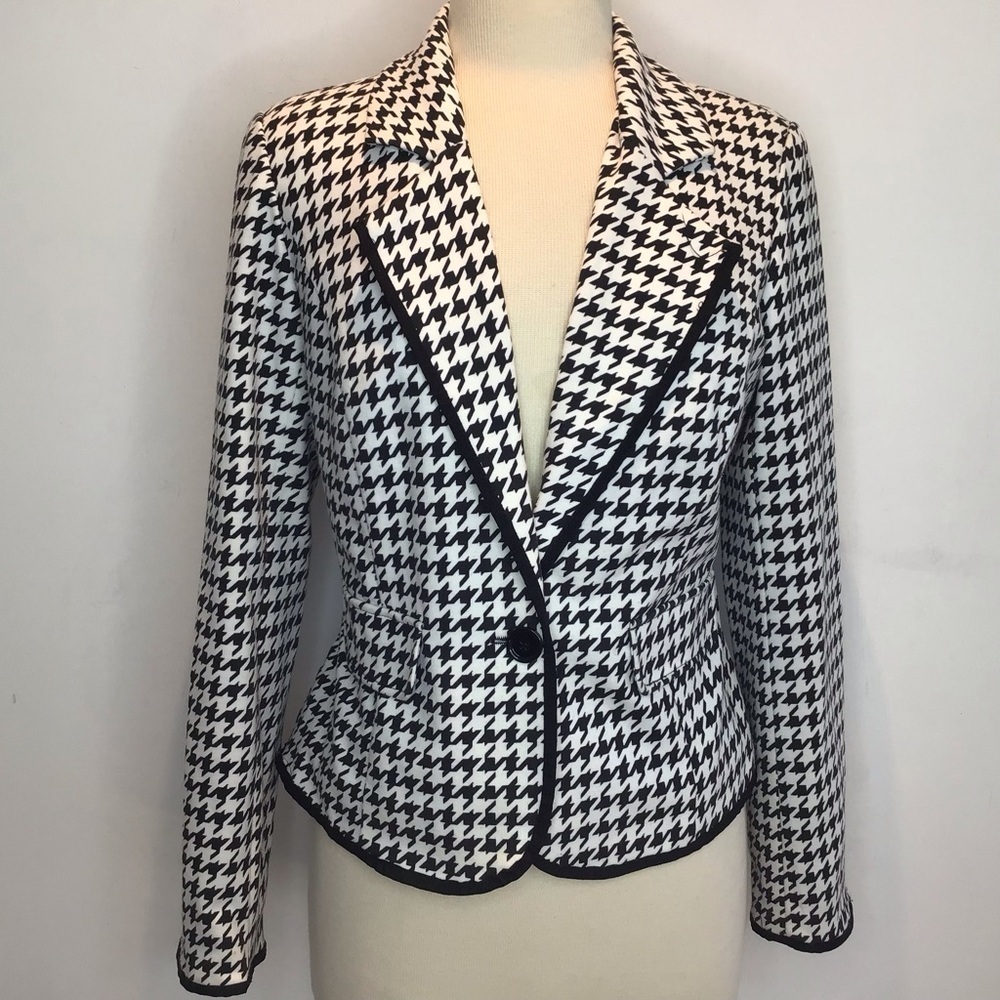 Black/White houndstooth lined knit one button black trim Donna Moore jacket M